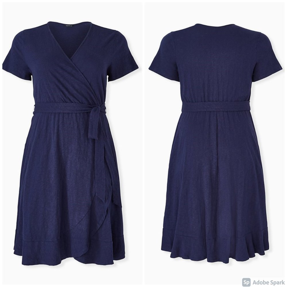 TORRID NAVY SLUB JERSEY RUFFLE MINI WRAP DRESS